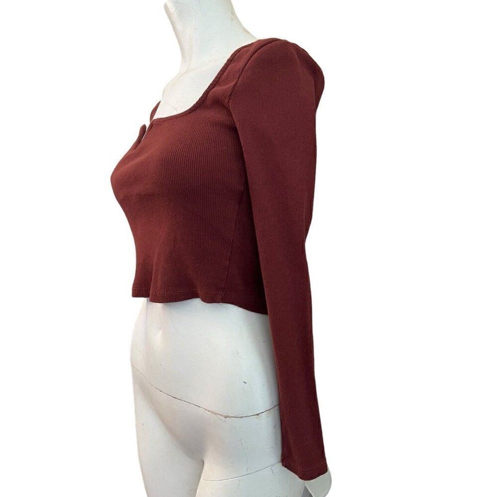 Zara Medium Burgundy Ribbed Long Sleeve Cropped BodyCon Shirt Stretch Maroon - Picture 3 of 4